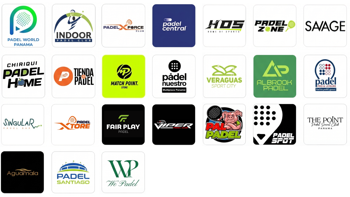Logos de los clubes y tiendas de pádel afiliados al Programa Padel Club: Padel World Panamá, Indoor Padel Club, Padel X Force Club, Padel Central, HOS Home of Sports, Padel Zone, Savage, Chiriquí Padel Home, Tienda de Pádel, Match Point Store, Pádel Nuestro, Veraguas Sport City, Albrook Padel, Padel Pro & Leisure, Singular Padel Bar, Padel Xtore, Fair Play Padel, Viper Padel Club, Pal Padel, Padel Spot, The Point Padel Social Club, Aguamala, Padel Santiago y We Padel.